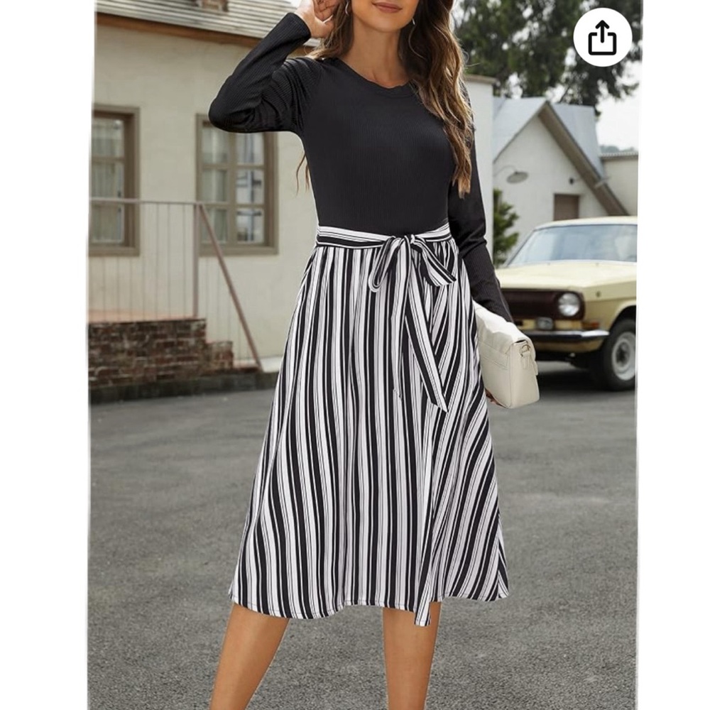 Zattcas Ribbed Bodice Striped Midi Dress